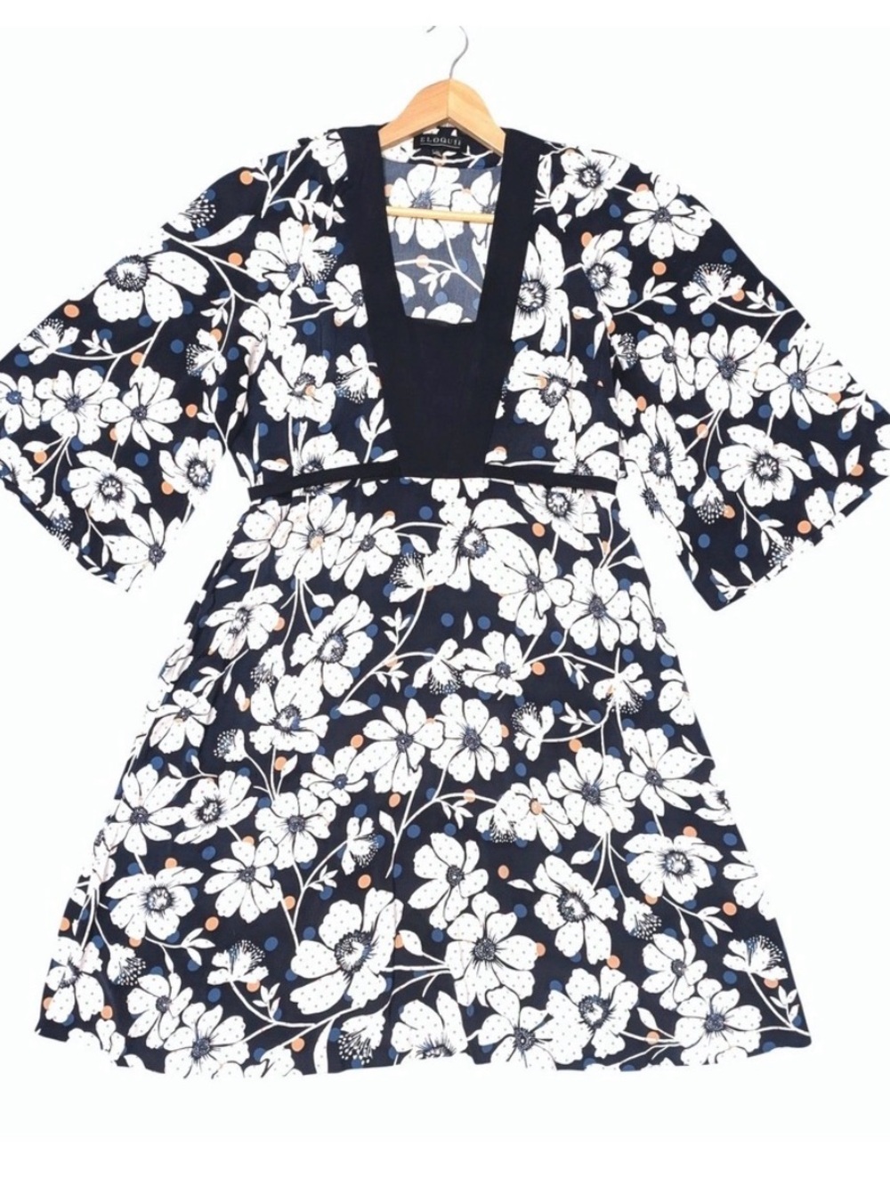 Eloquii Navy, White and Orange Floral Kids Dress with V-Neck